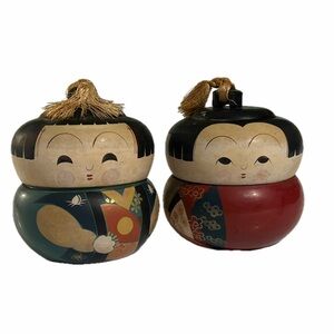 Vintage 40’s Wood Japanese  Lacquered Kokeshi Dolls Trinket Boxes 41/2x3/34”